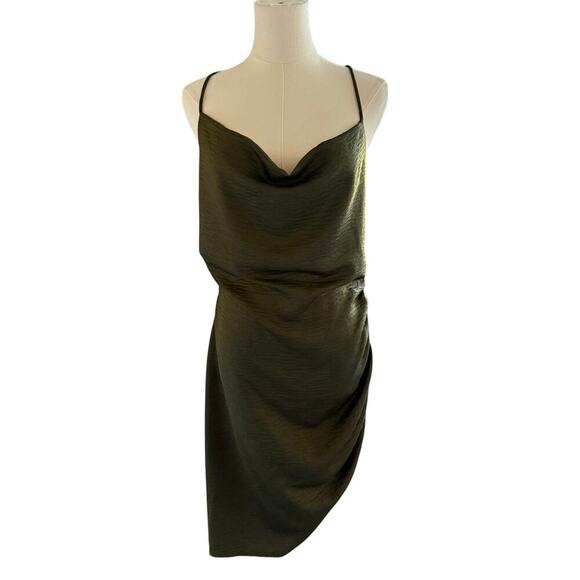Olive Green Ellie Ruched Mini Dress Large Crisscross Back Cowl Neck Fashion Nova - Picture 1 of 10